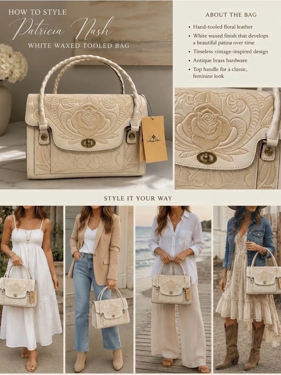 Patricia Nash Handbags - Patricia Nash White Waxed Tooled Leather Top-Handle Bag/NWT/MRSP $299
